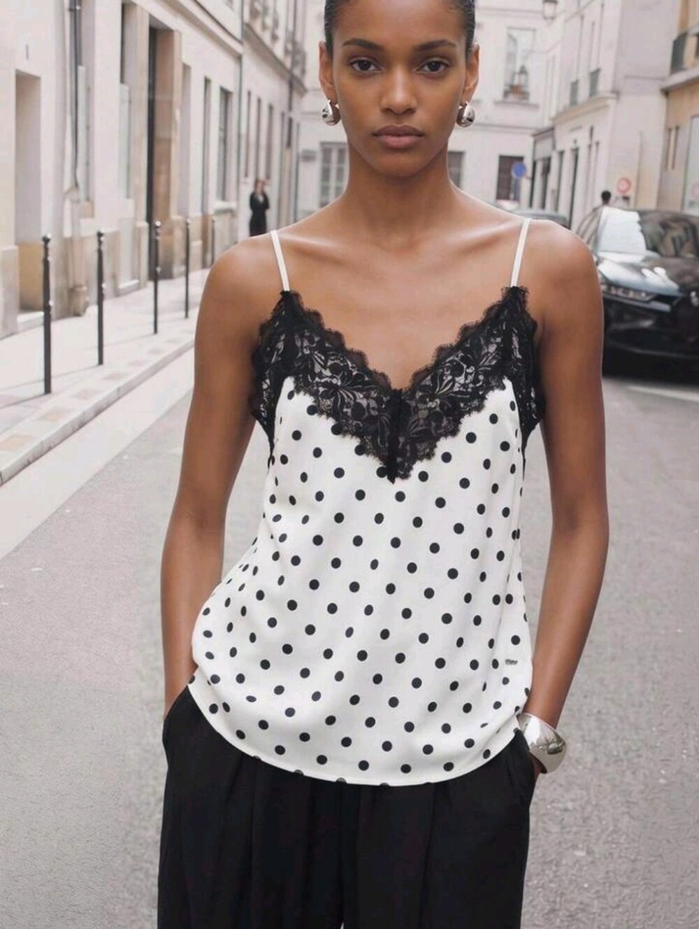 Polka Dot Lace Trim Cami Top - Black & White
